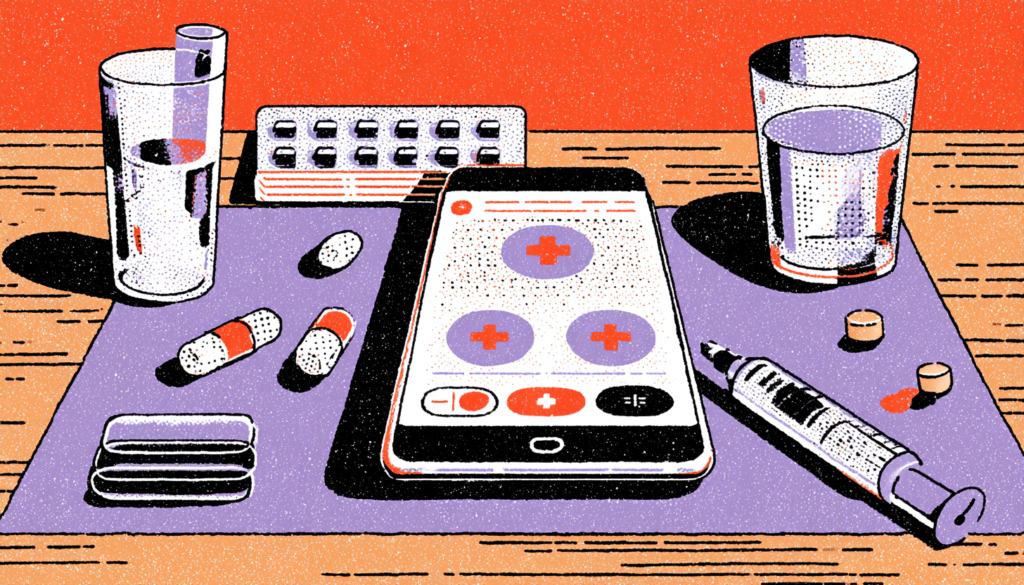 Persuasive design in healthcare - medication app on smartphone with pills and medical supplies