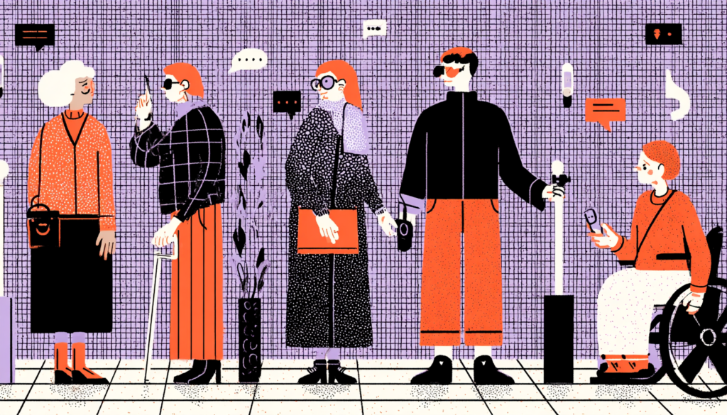 Diverse group of patients benefiting from voice UI healthcare accessibility design