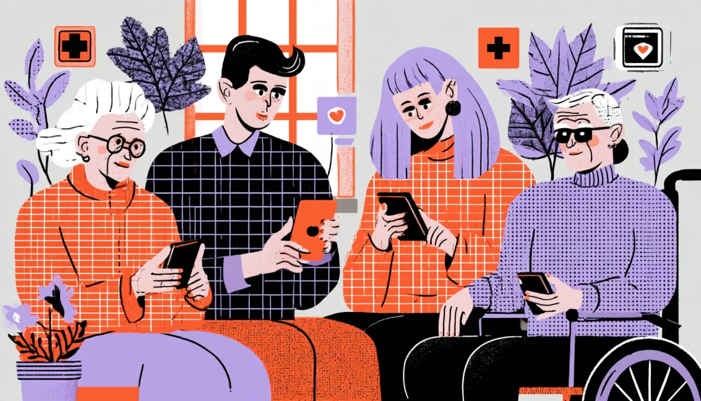 Diverse group of people of different ages using healthcare apps on their smartphones