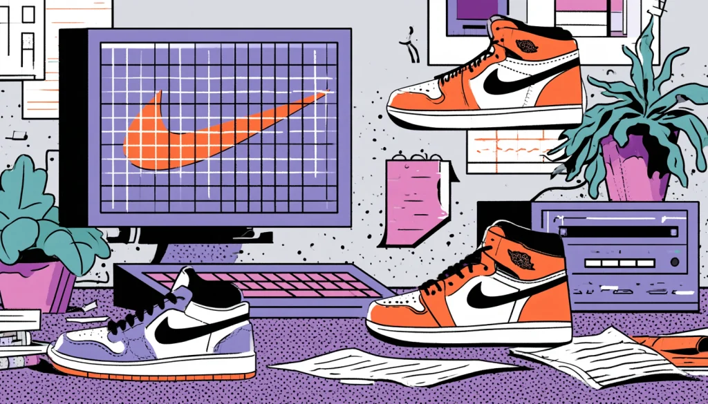 Illustration of AR shopping interfaces displaying 3D sneakers on screens