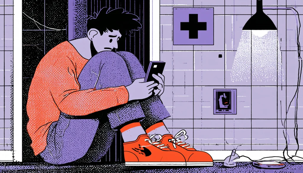 Anxious person alone in a dimly lit room checking a health app on their phone