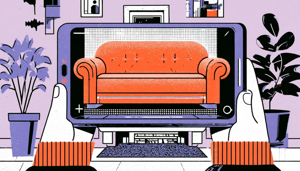 Illustration of a shopper using AR in e-commerce to preview a sofa in their room on a tablet